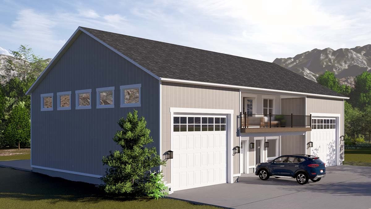 House plan exterior with two garage doors, a second-story balcony, and row of small windows on the side.