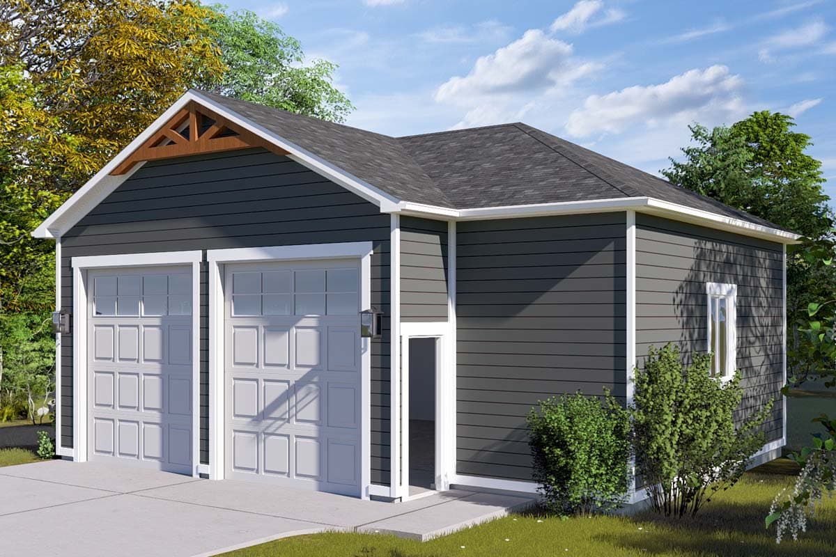 Two-car garage exterior with dark siding, white trim, gable roof with decorative wood truss, and a single side door.