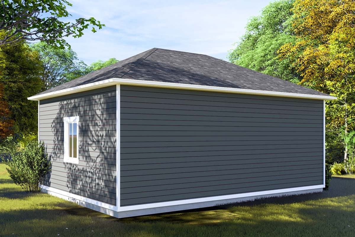 House plan exterior rendering of a single-story home with dark gray horizontal siding, white trim, and a gabled roof.