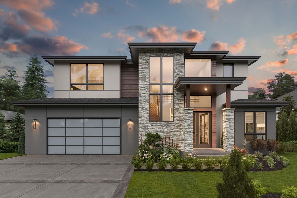 Modern house plan exterior. Two-story home with a flat roof, stone facade accent, and covered entry. Garage features glass panel door.