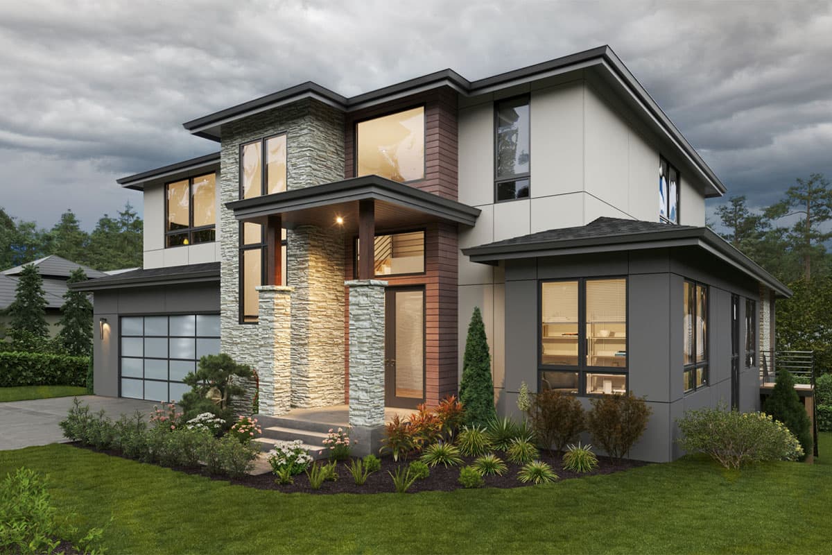 Modern house plan exterior, two stories, stone accents, covered entry, and side-entry garage with glass door.