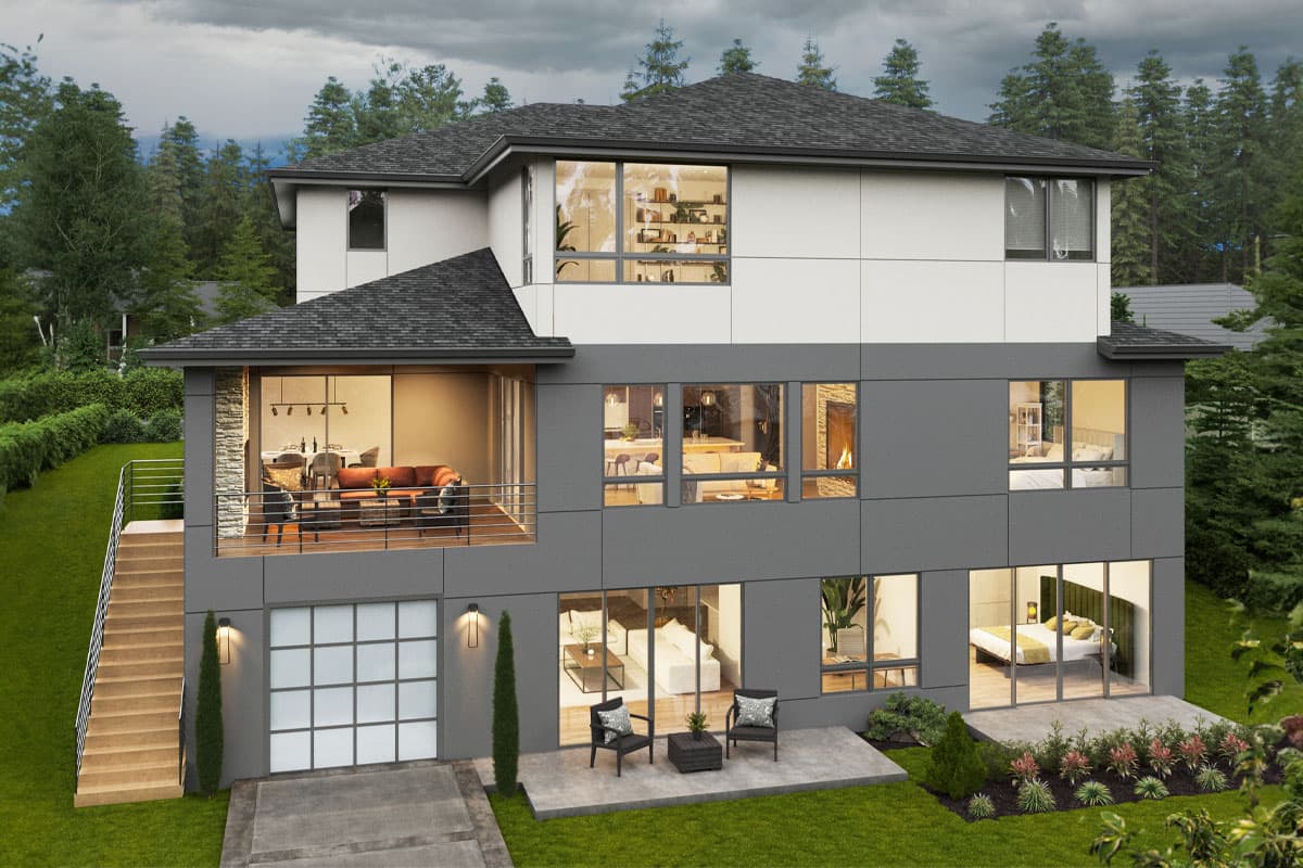 Modern house plan exterior with multiple levels, large windows, a covered patio, and a two-car garage.