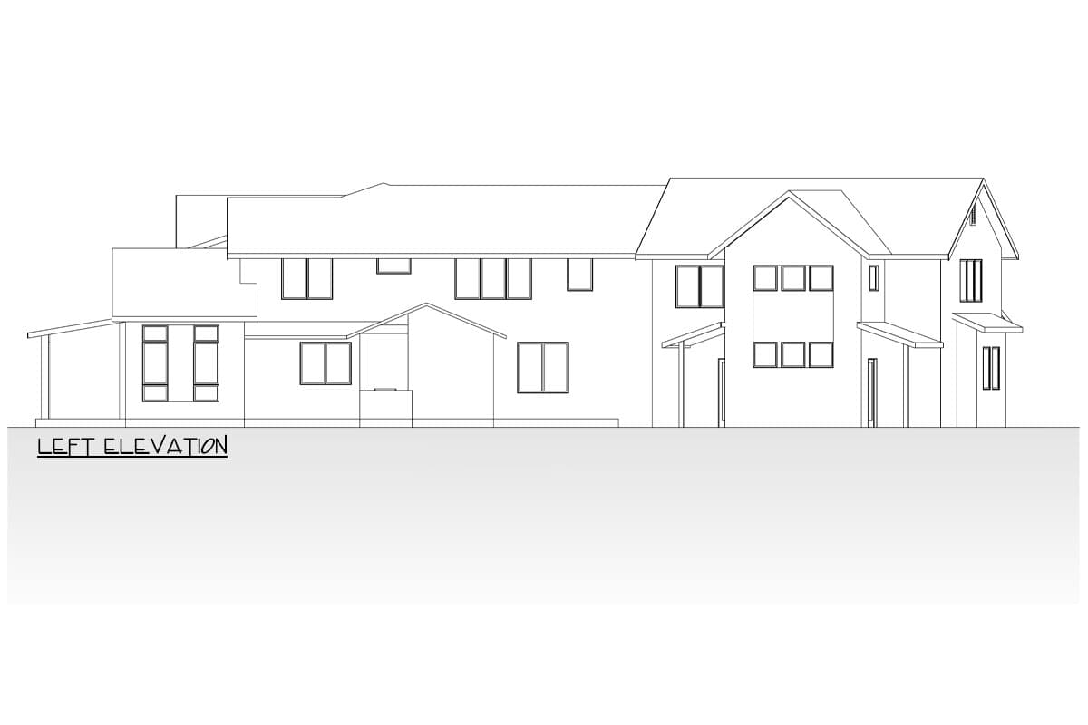 Left elevation drawing of a multi-story house plan with varied rooflines and multiple window configurations.