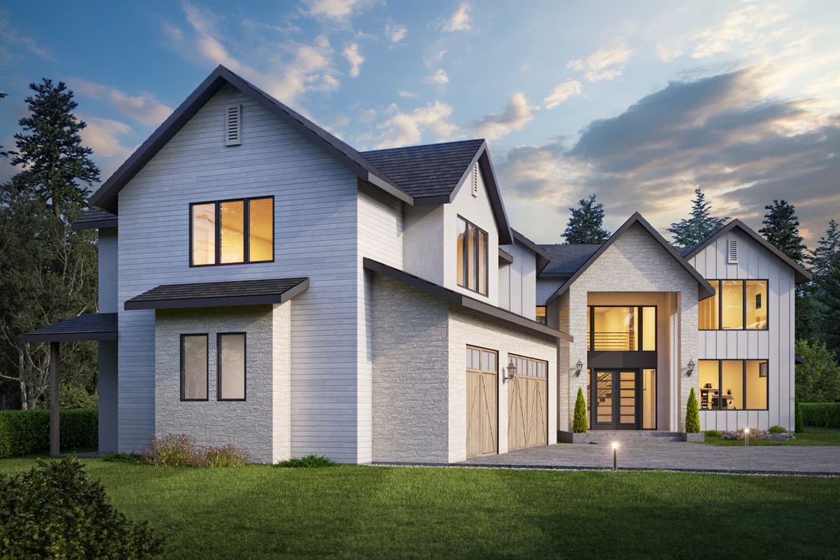 Modern Farmhouse house plan exterior with two stories, gabled roofs, stone accents, and a three-car garage.