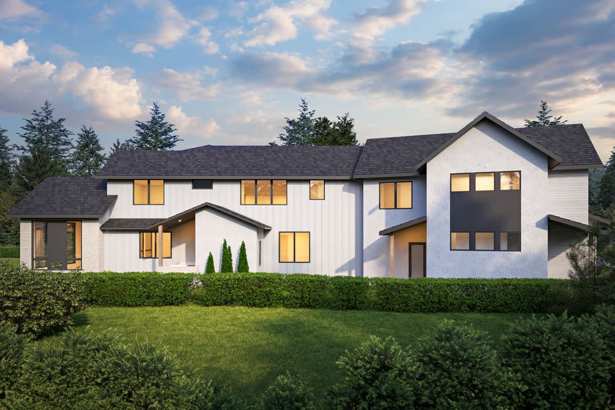 Modern two-story house plan exterior with white vertical siding, stucco, dark roof, and prominent window arrangements.