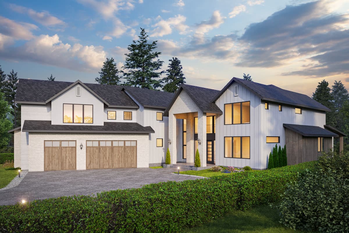 House plan exterior with Modern style. Two-story home with gabled roof, large windows, and a two-car garage. Porch and board and batten siding.