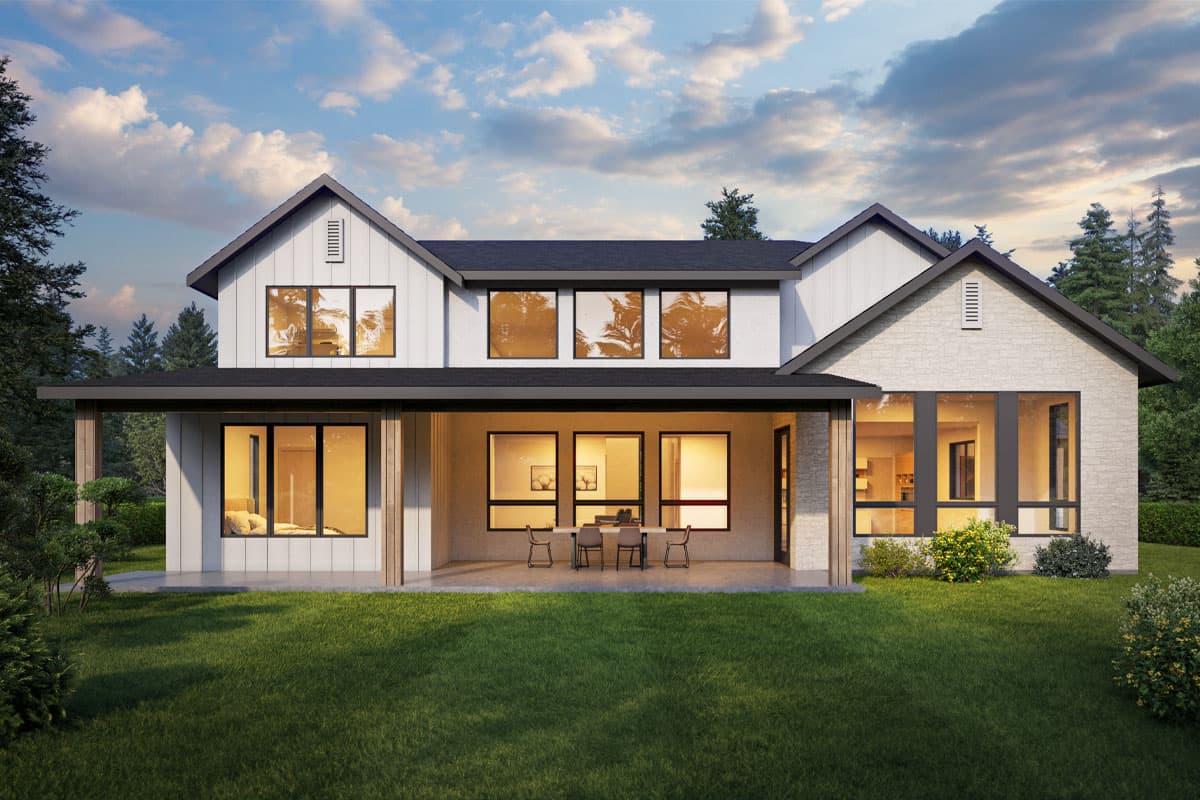 House plan exterior: Two-story Modern Farmhouse with covered porch, gables, large windows, and stone accent.