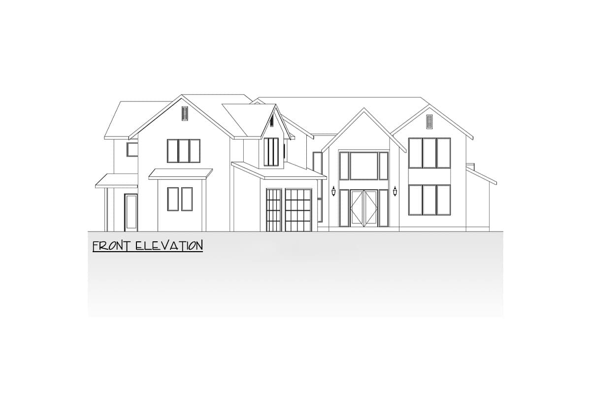 Front elevation drawing of a two-story house with gabled rooflines, prominent windows, and attached garage.