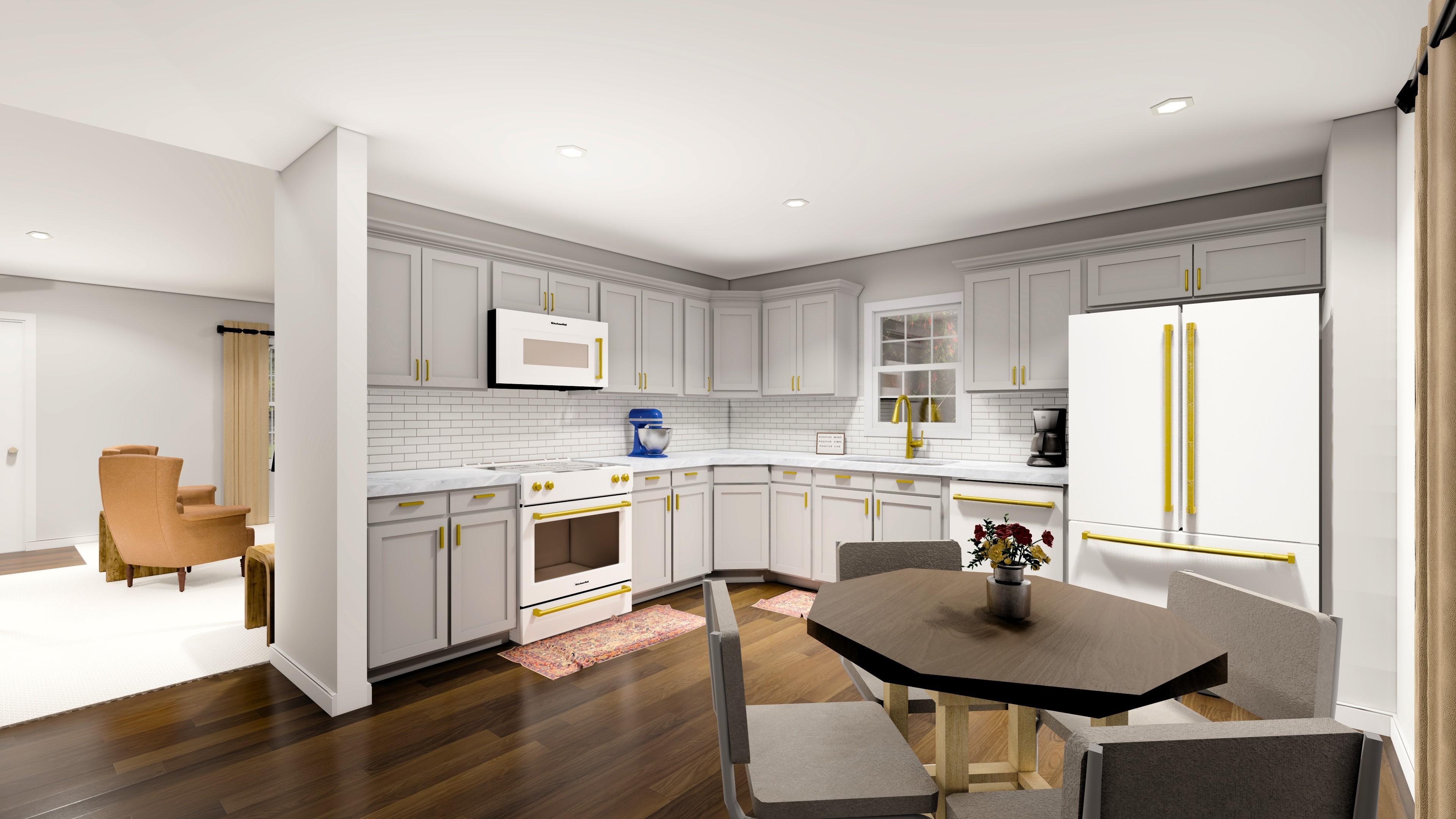 Kitchen with light gray cabinets, subway tile backsplash, white appliances, and an octagonal dining table.