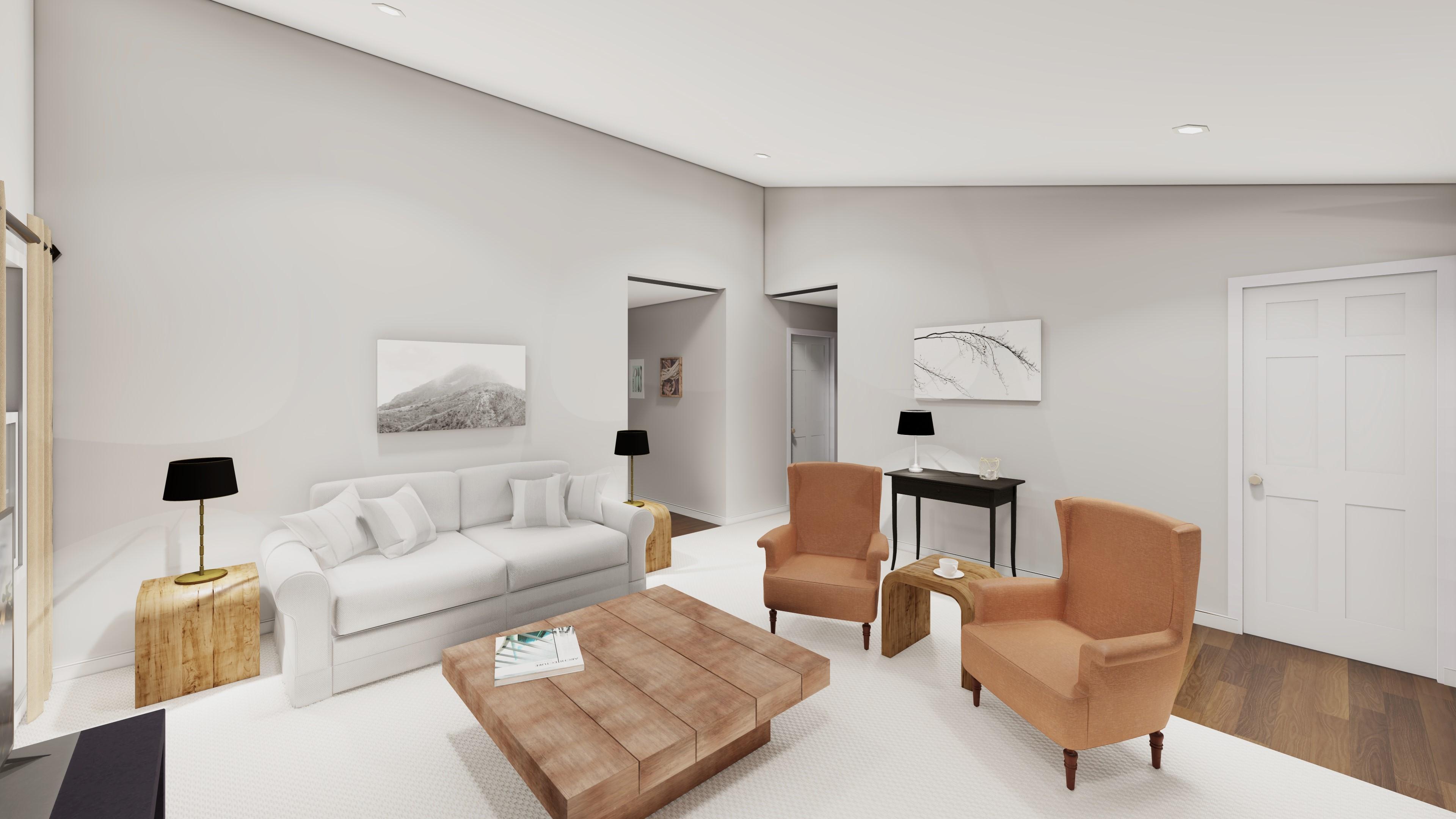 Interior rendering of a living room with a white sofa, two orange armchairs, a wood coffee table, and dark wood floors.