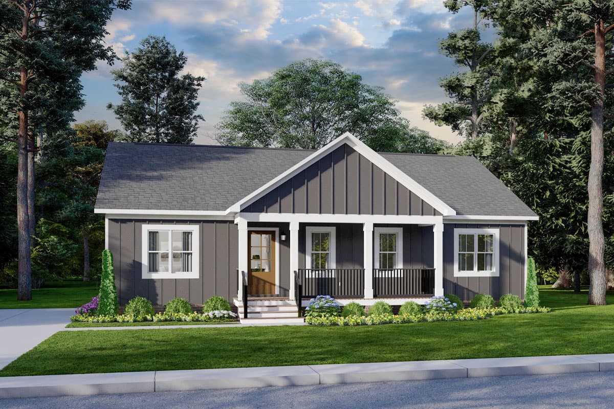 House plan exterior. One-story house in a farmhouse style with a front porch, gabled roof, and vertical siding, surrounded by landscaping.