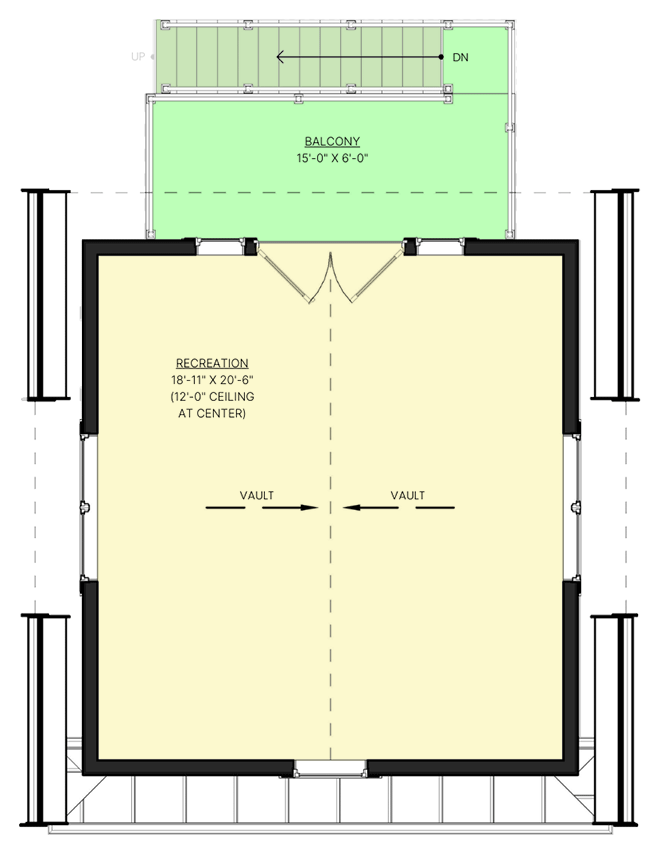 Plan 330017WLE: 2-Story Garage with Vaulted Upstairs Flex Room and Deck - 432 Sq Ft - Floor Plan - 2nd Floor - Craftsman, New American, Traditional