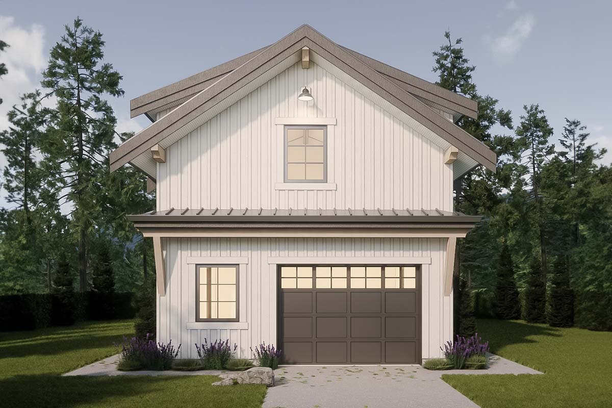 House plan exterior: Modern Farmhouse style, gable roof, board and batten siding, one garage door, and two windows.