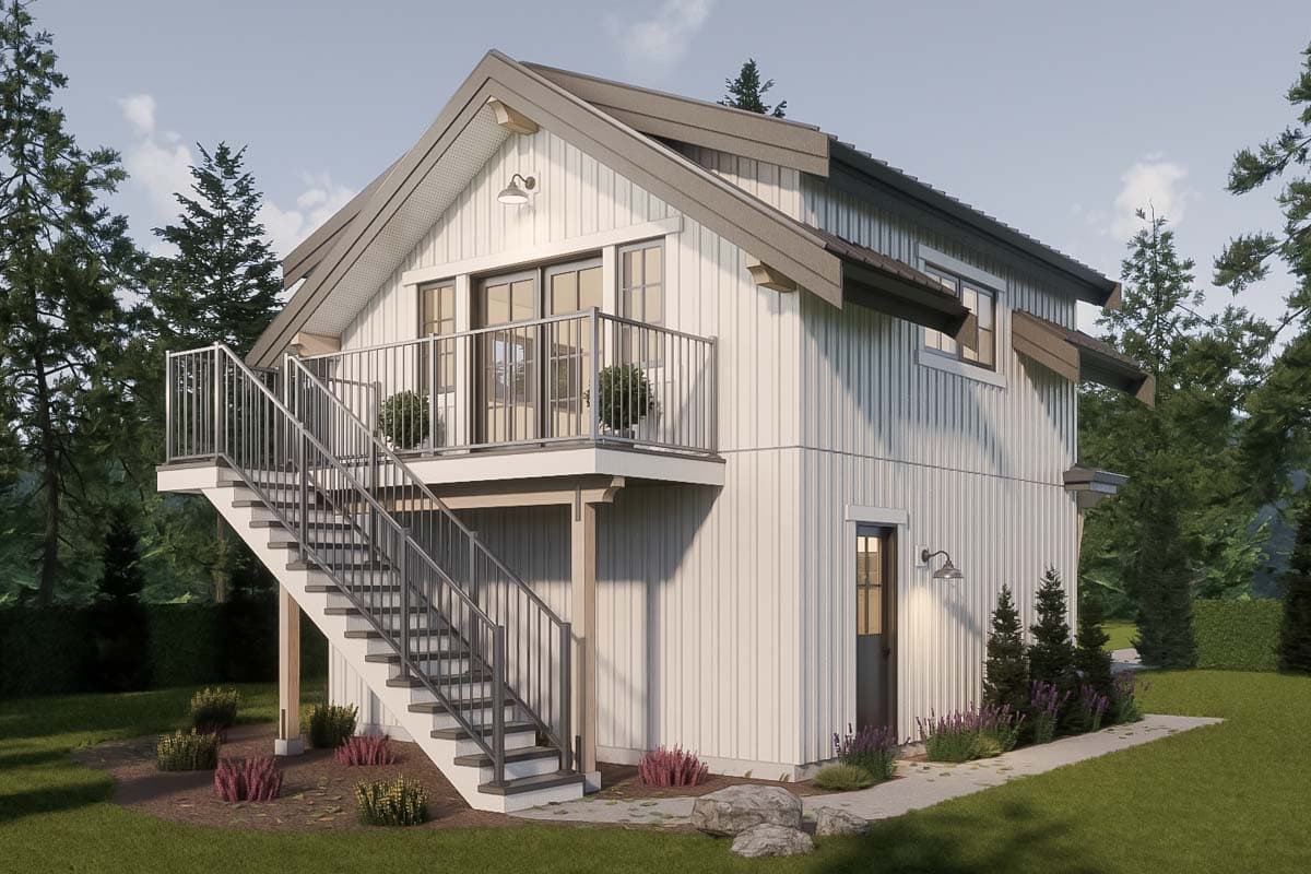 Modern Farmhouse house plan exterior with vertical siding, prominent gable, second-story deck, and exterior staircase.