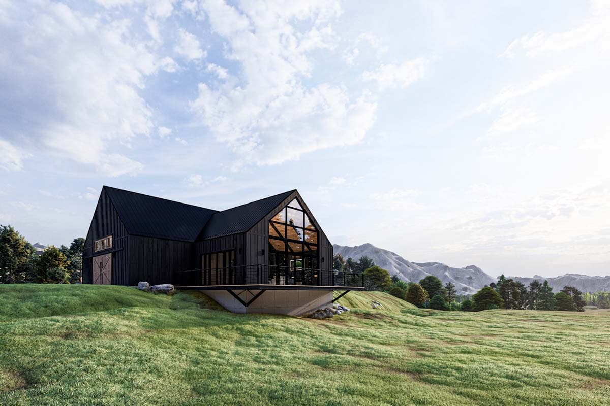 Modern farmhouse house plan exterior with dark vertical siding, prominent gable roof, and large glass facade on a sloped hill.