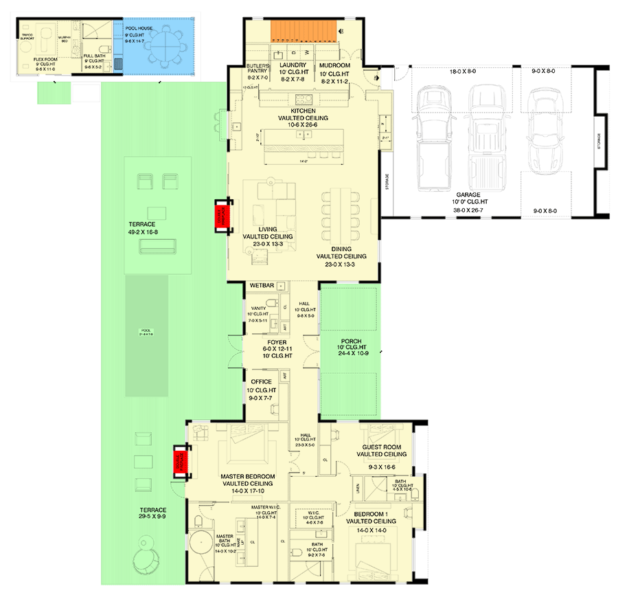 Plan 311054RMZ: One-Story House Plan with Pool House and Optional Wine Cellar - 2765 Sq Ft - Floor Plan - Main Level - Contemporary, Mid Century Modern, Modern, New American, Scandinavian
