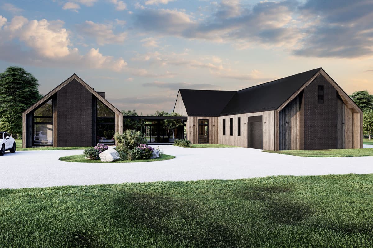 House plan exterior. Modern style with gabled roof, mixed siding, and garage. Large windows and a circular driveway are visible.