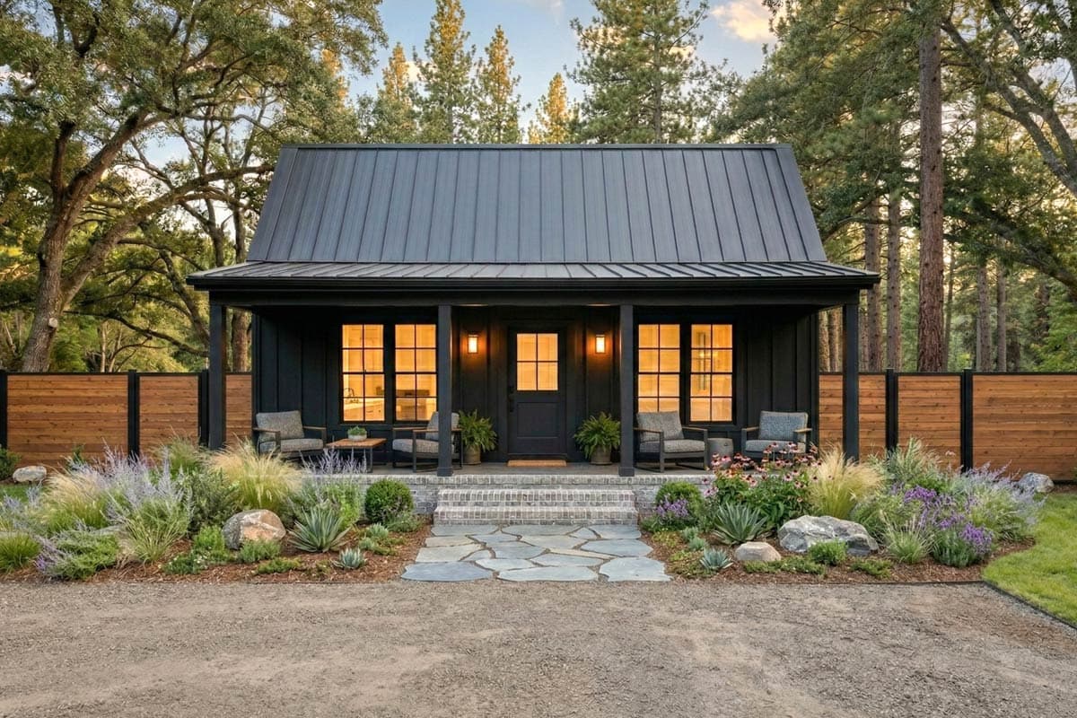Modern Farmhouse exterior plan with metal roof, covered porch, and large grid windows.