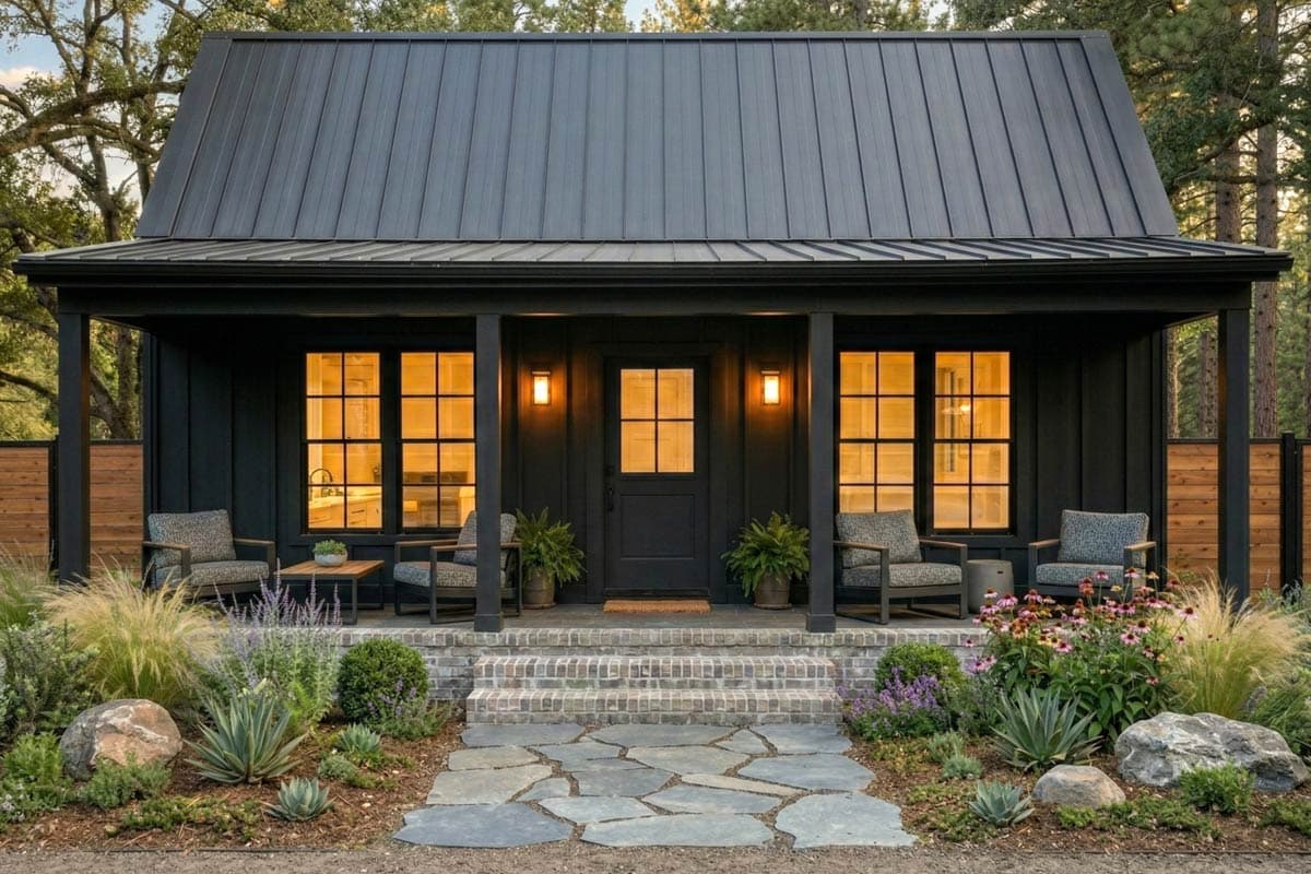House plan exterior. One-story Modern Farmhouse with a gabled roof, covered front porch, and black board and batten siding.