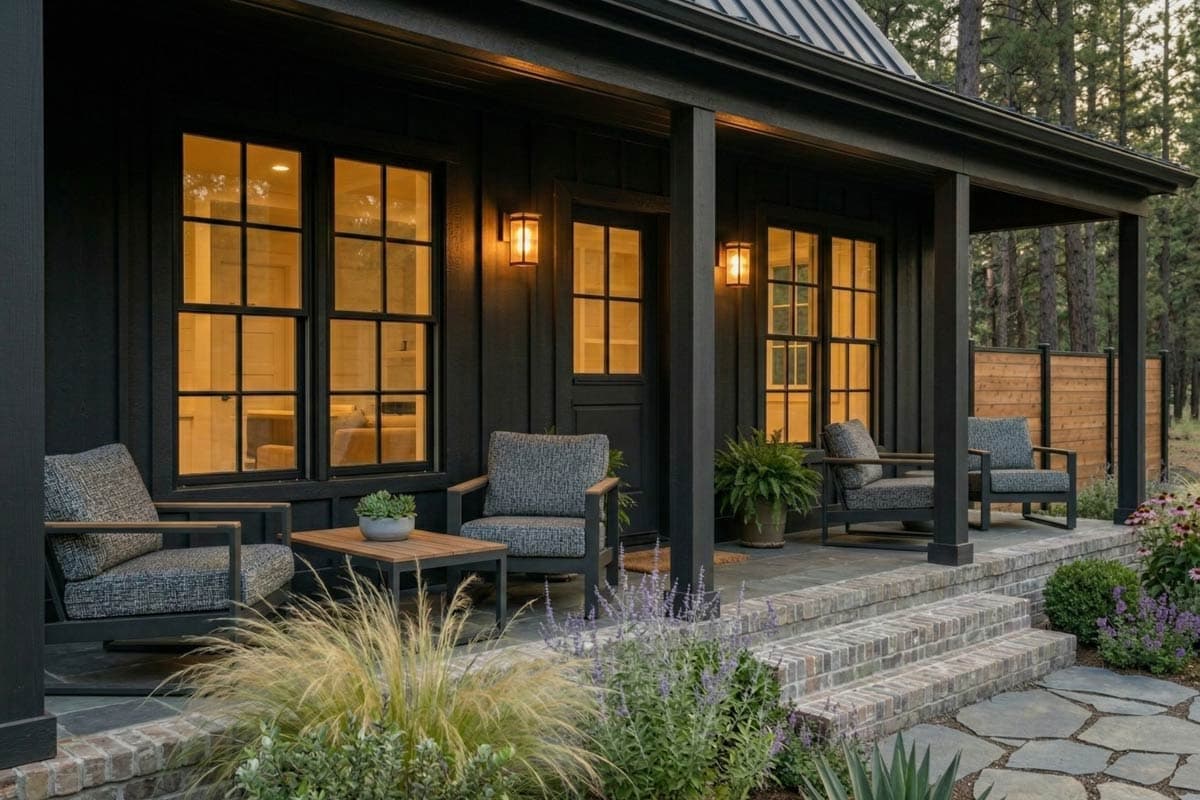 Modern farmhouse exterior with black board and batten siding, large grid windows, and a covered porch with seating.