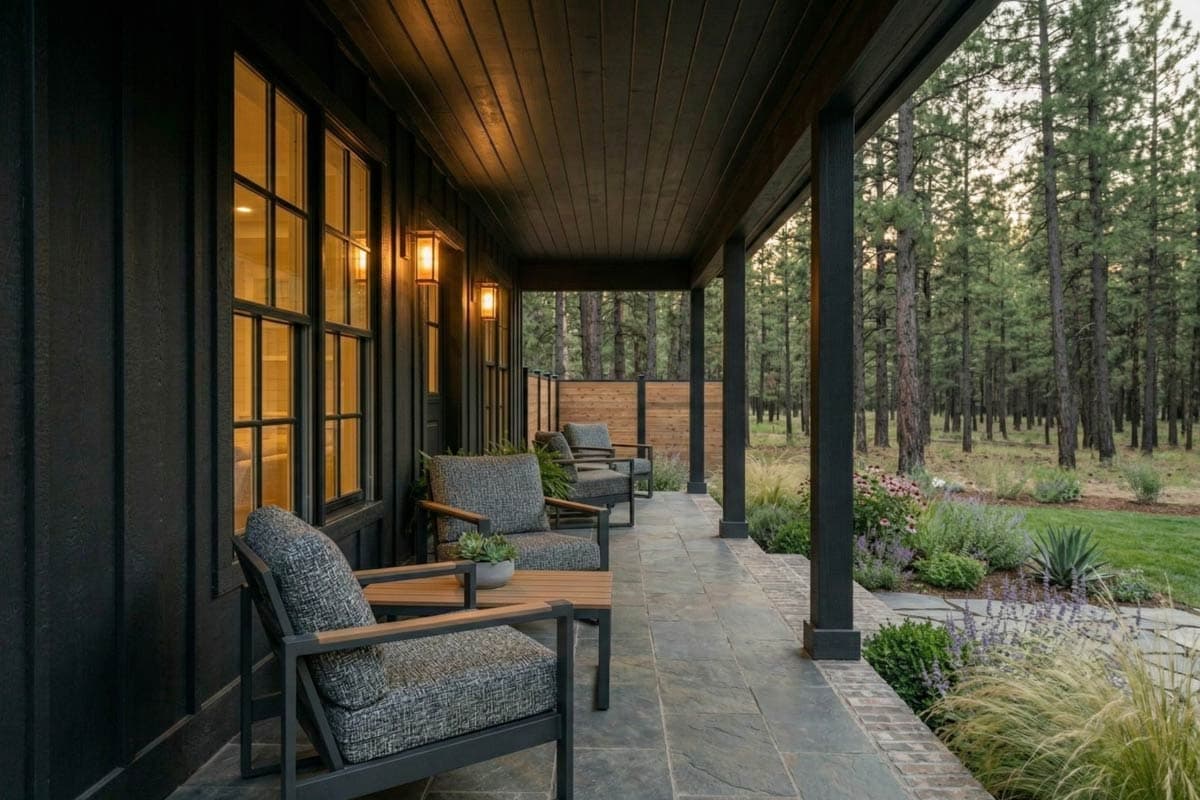 Exterior view of a house with a covered porch, dark vertical siding, grid windows, and seating area.