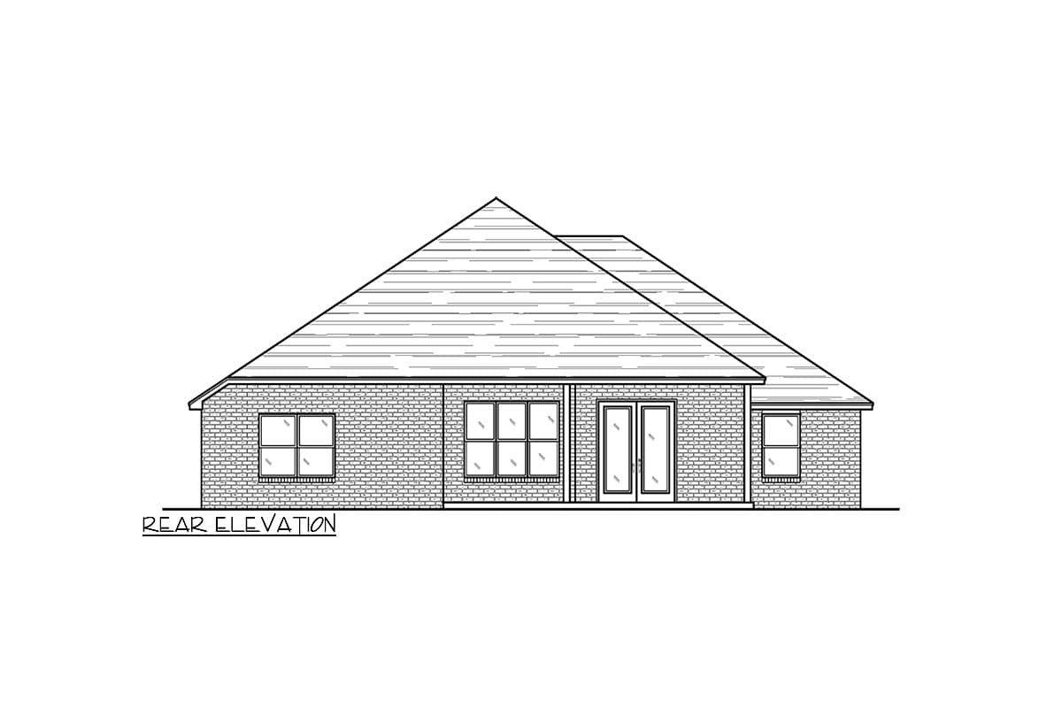 Rear elevation of a house plan featuring a prominent hip roof, brick exterior, multiple windows, and double doors.