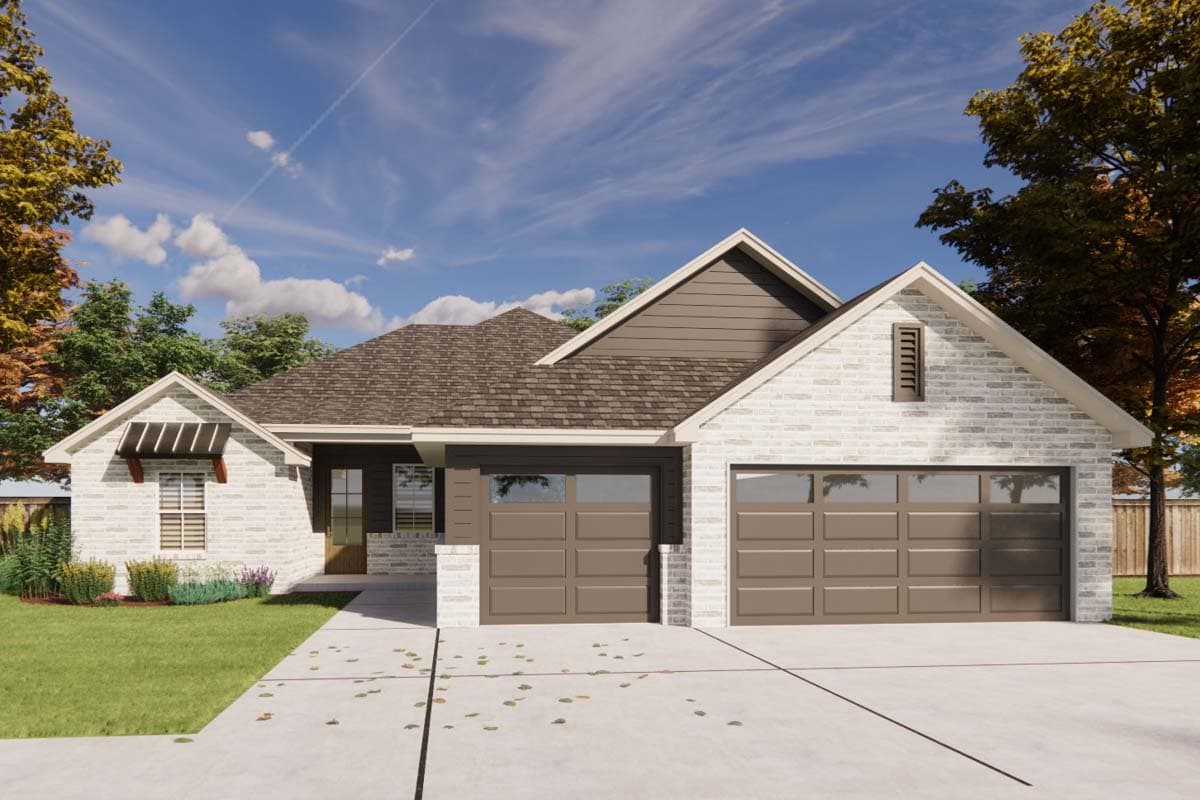 House plan exterior. Single-story with brick and siding facade, gable roof, and two-car garage with gabled dormer.