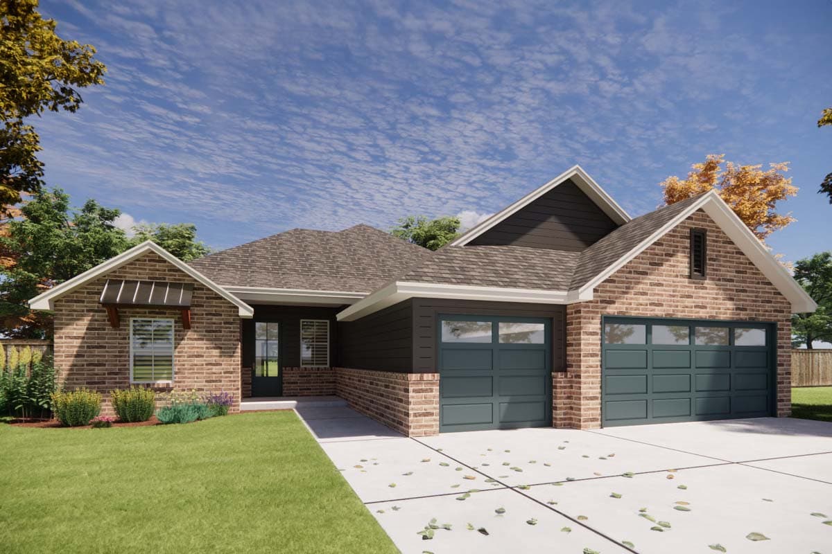 House plan exterior with brick and dark siding, gable roof, and two-car garage with dark teal doors.