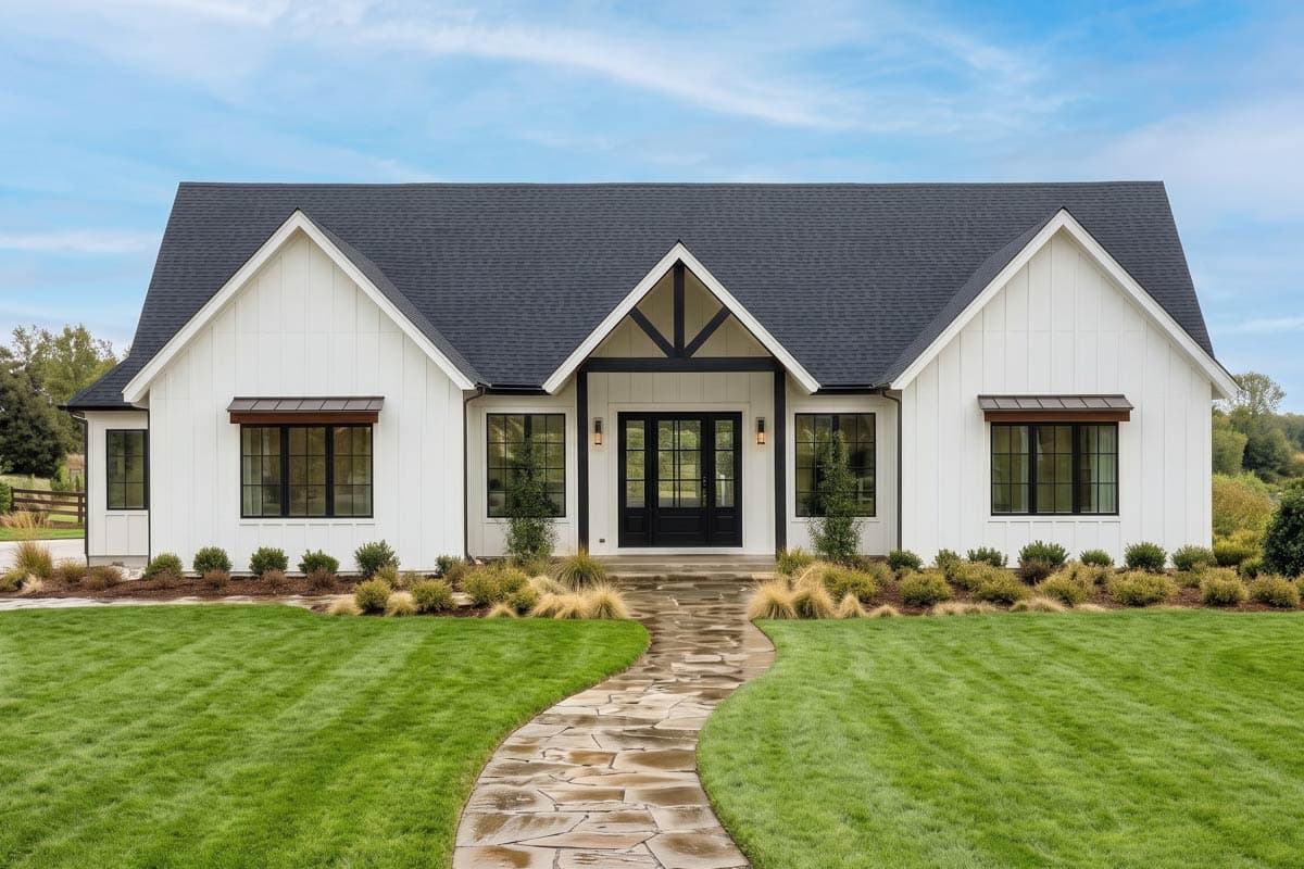House plan exterior featuring a Modern Farmhouse style with a gable roof, black-framed windows, and a covered entry. One story house.