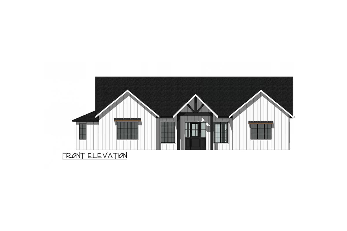 Front elevation drawing of a one-story Modern Farmhouse with vertical siding, gables, and a covered entry.