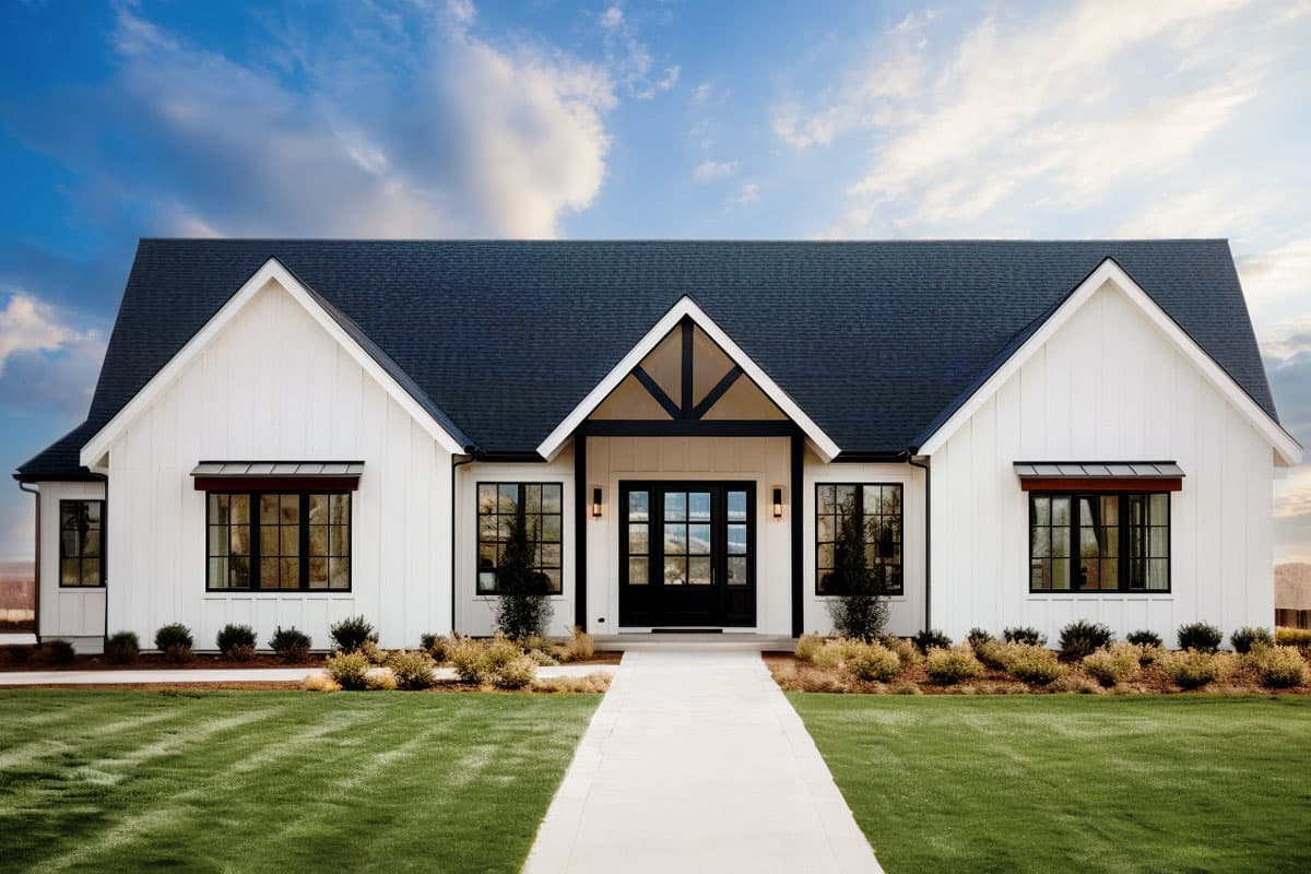 House plan exterior featuring a Modern Farmhouse style with a gable roof, black-framed windows, and a covered entry. One story house.