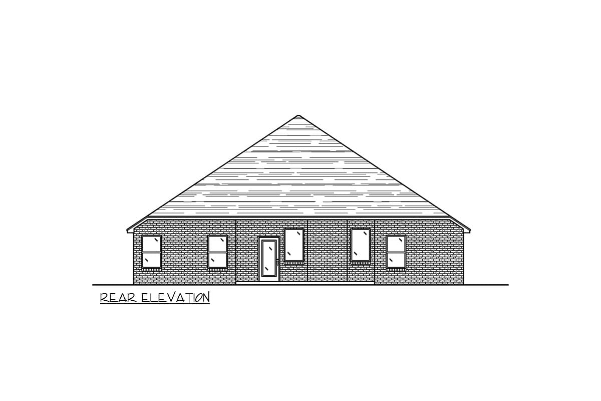 Rear elevation drawing of a single-story house with a prominent gable roof, brick facade, and five windows.