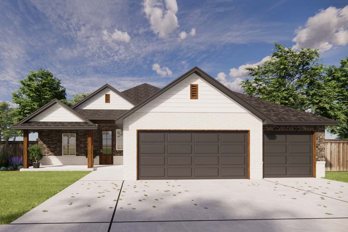 House plan exterior. One-story home with a Craftsman style. Features include gabled rooflines, a covered porch, and a two-car garage.