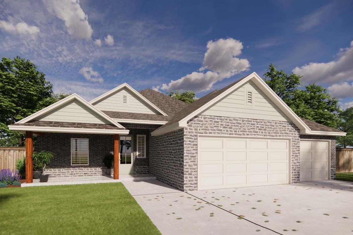 House plan exterior: One-story home with stone and brick facade, gabled rooflines, covered front porch with wooden posts, and a two-car garage.