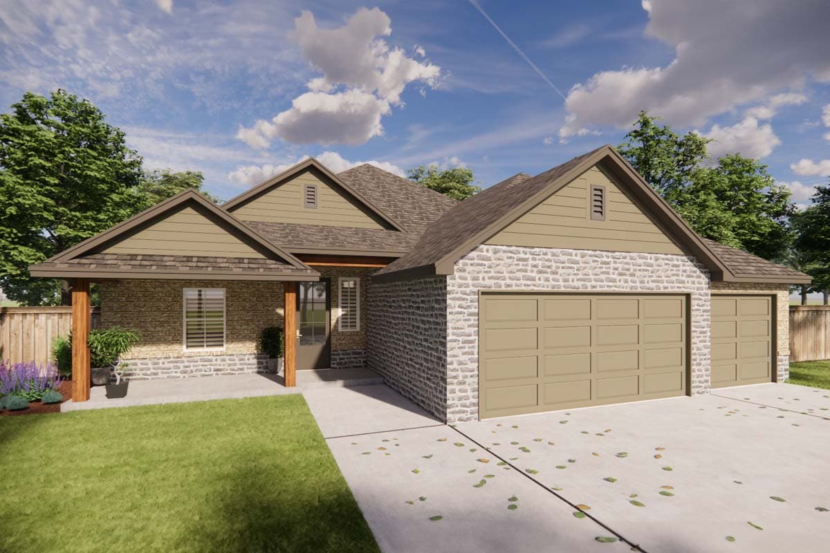 House plan exterior: Single-story Modern Farmhouse with stone accents, covered front porch, gable rooflines, and a three-car garage.