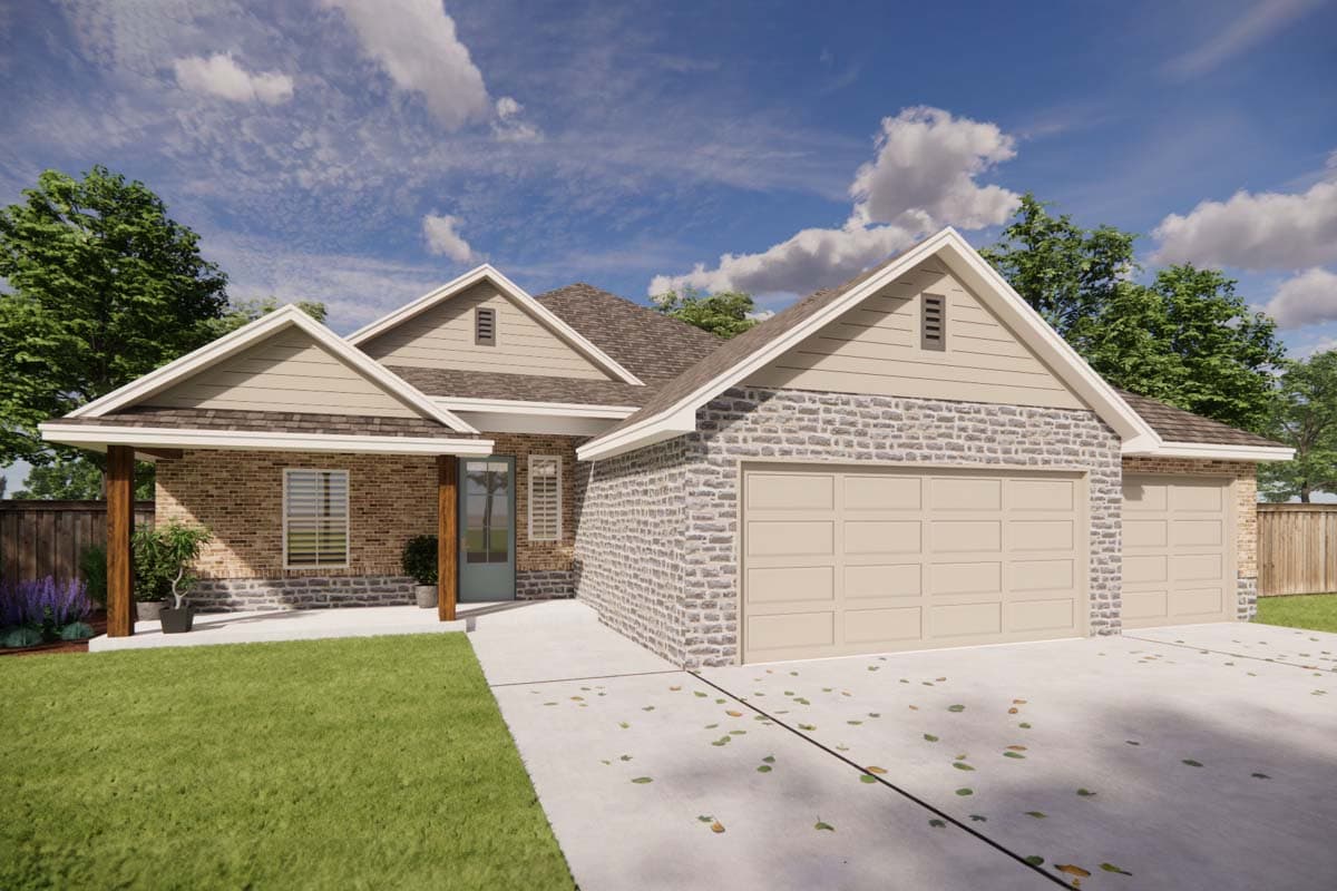 House plan exterior: single-story home with brick and stone facade, covered porch with wooden posts, and a three-car garage.