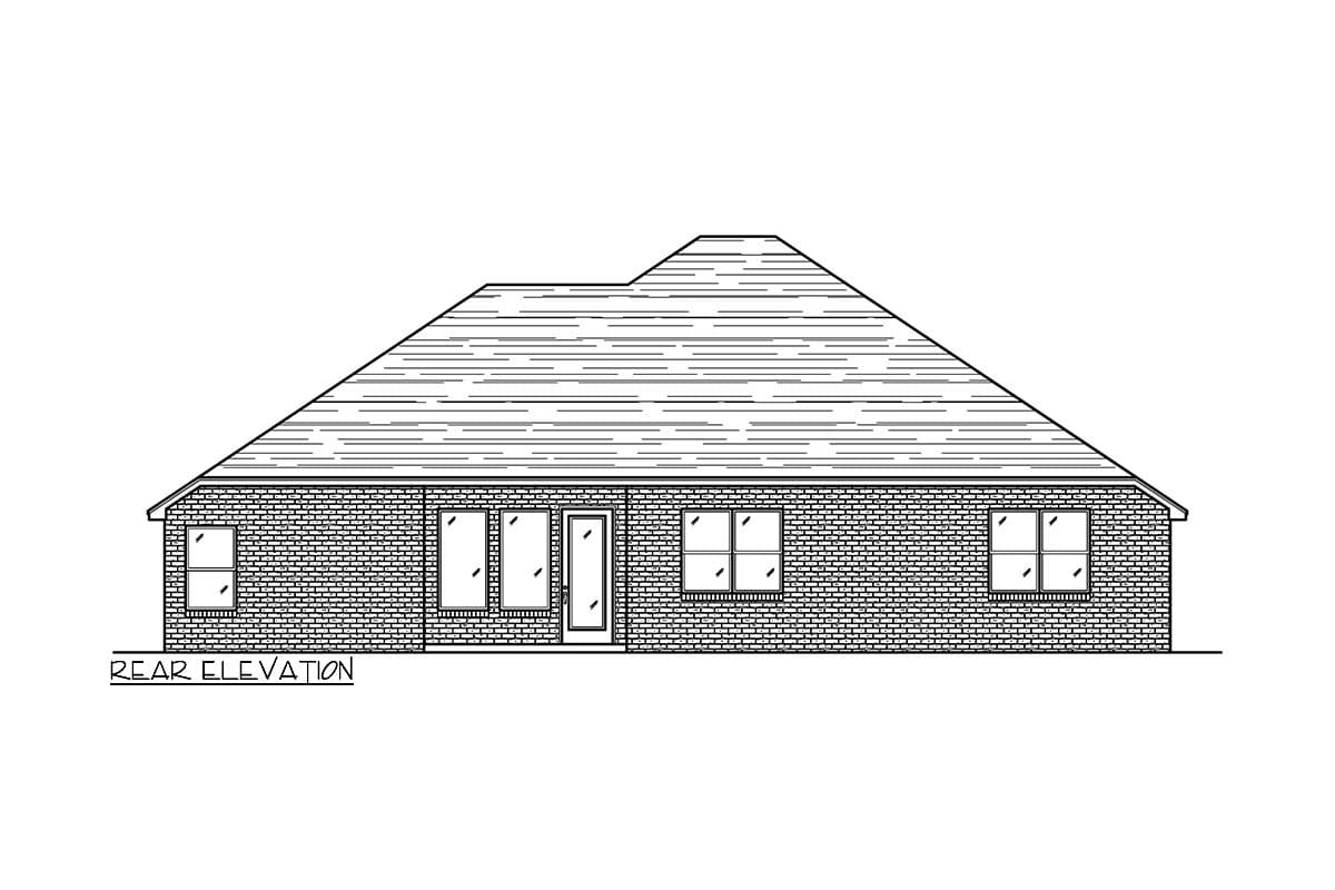Rear elevation drawing of a single-story house with a brick exterior, multi-pane windows, and a sloped roof.
