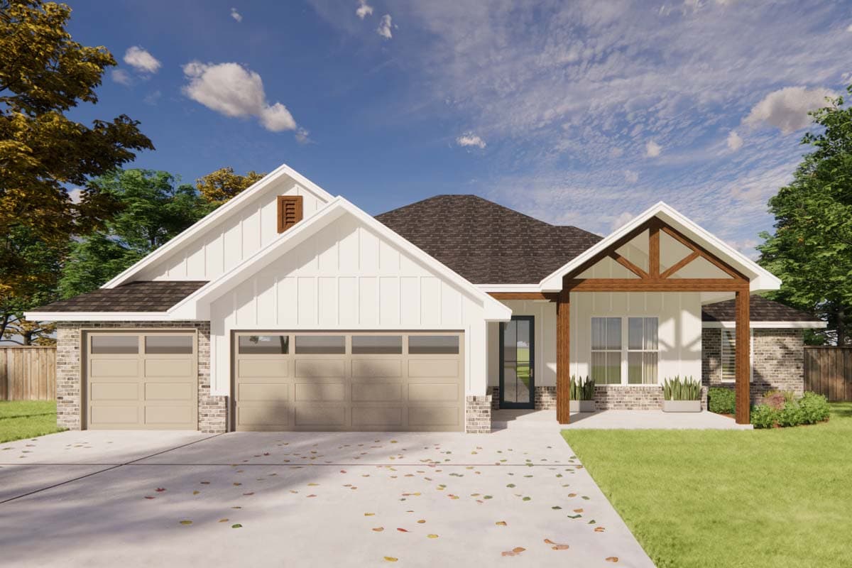 House plan exterior. Ranch style with a two-car garage, gable roof, and covered porch with exposed timber beams.