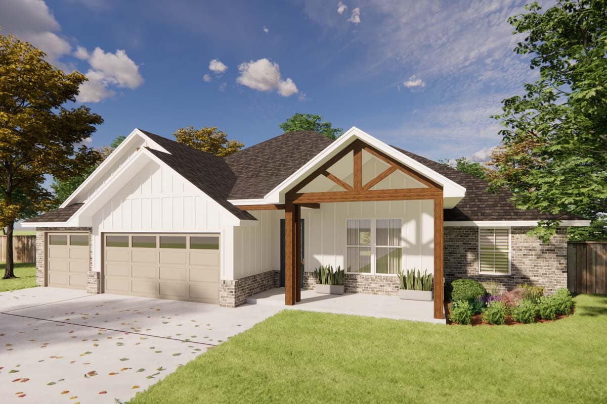 House plan exterior with white board and batten siding, brick accents, gabled roof, and exposed timber framing on front porch.