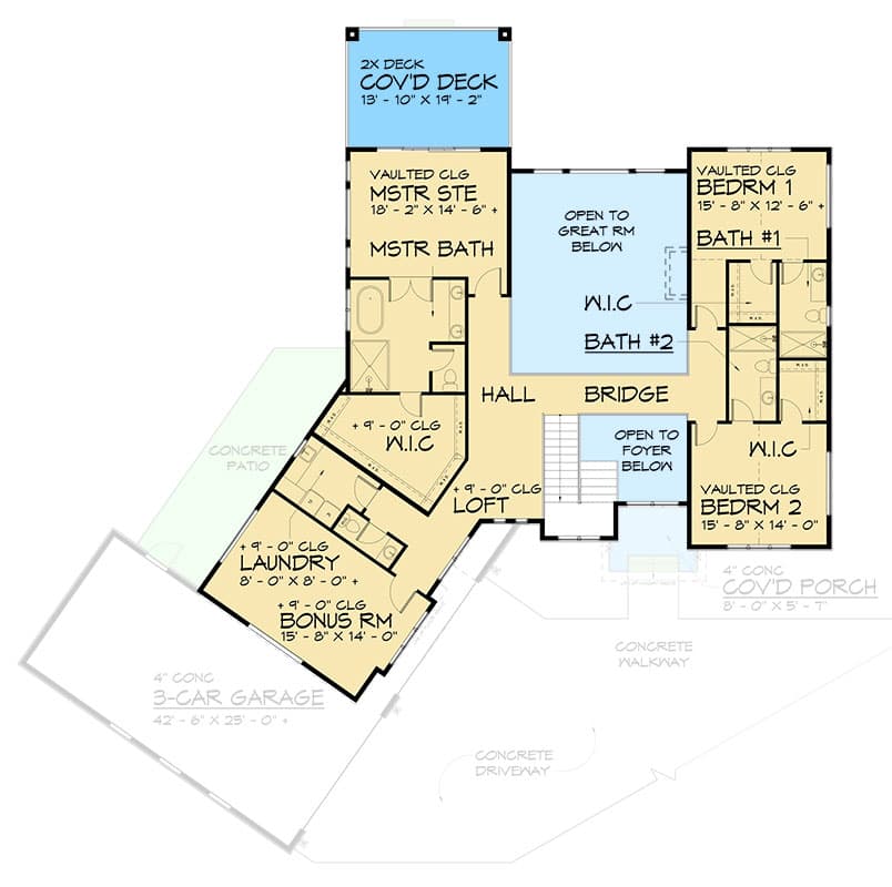 Plan 666263RAF: Modern Farmhouse with Angled 3-Car Garage and Upstairs Master with Deck - 4612 Sq Ft - Floor Plan - 2nd Floor - Modern Farmhouse, Transitional