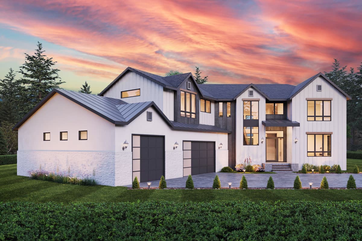 Modern Farmhouse house plan exterior with two stories, gabled rooflines, a two-car garage, and multiple large windows.
