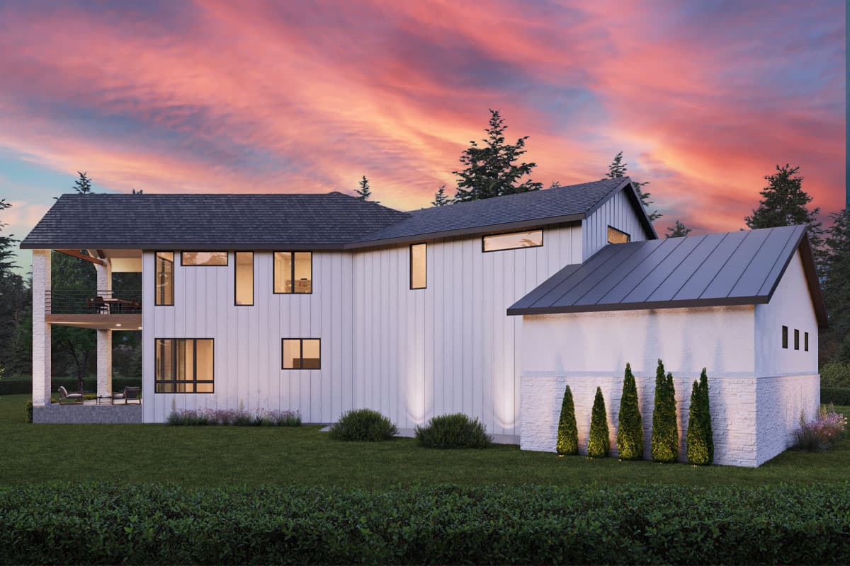 House plan exterior: Modern style, two stories, white vertical siding, prominent gables, and a covered balcony.