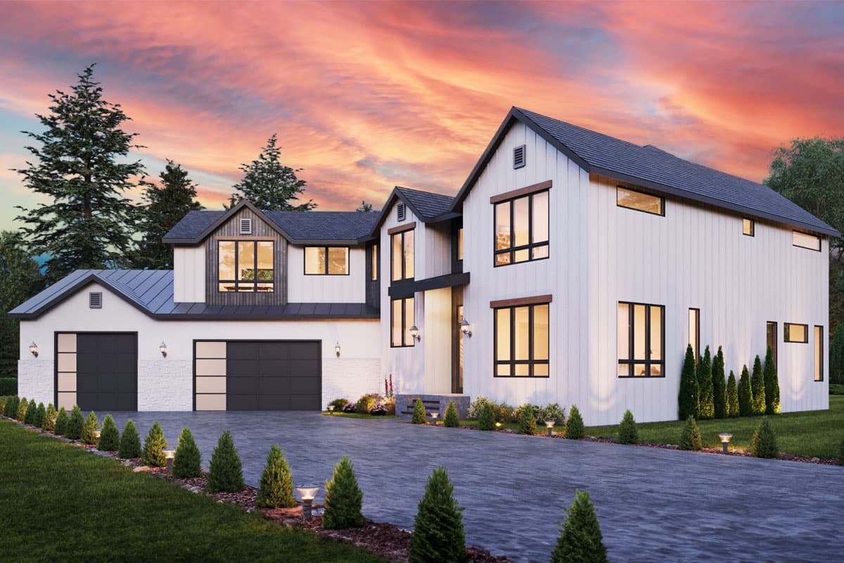 Modern farmhouse house plan exterior with white board and batten siding, dark gable roof, and a two-car garage.