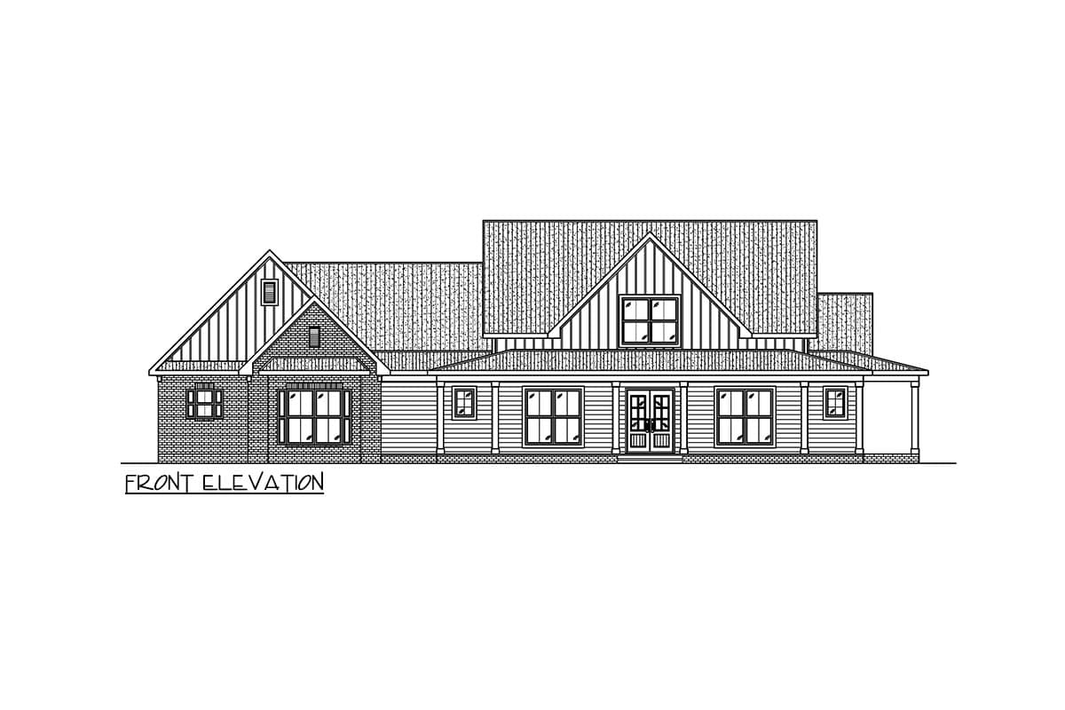Front elevation drawing of a Modern Farmhouse style house plan with a covered porch, double entry doors, gables, and dormers.