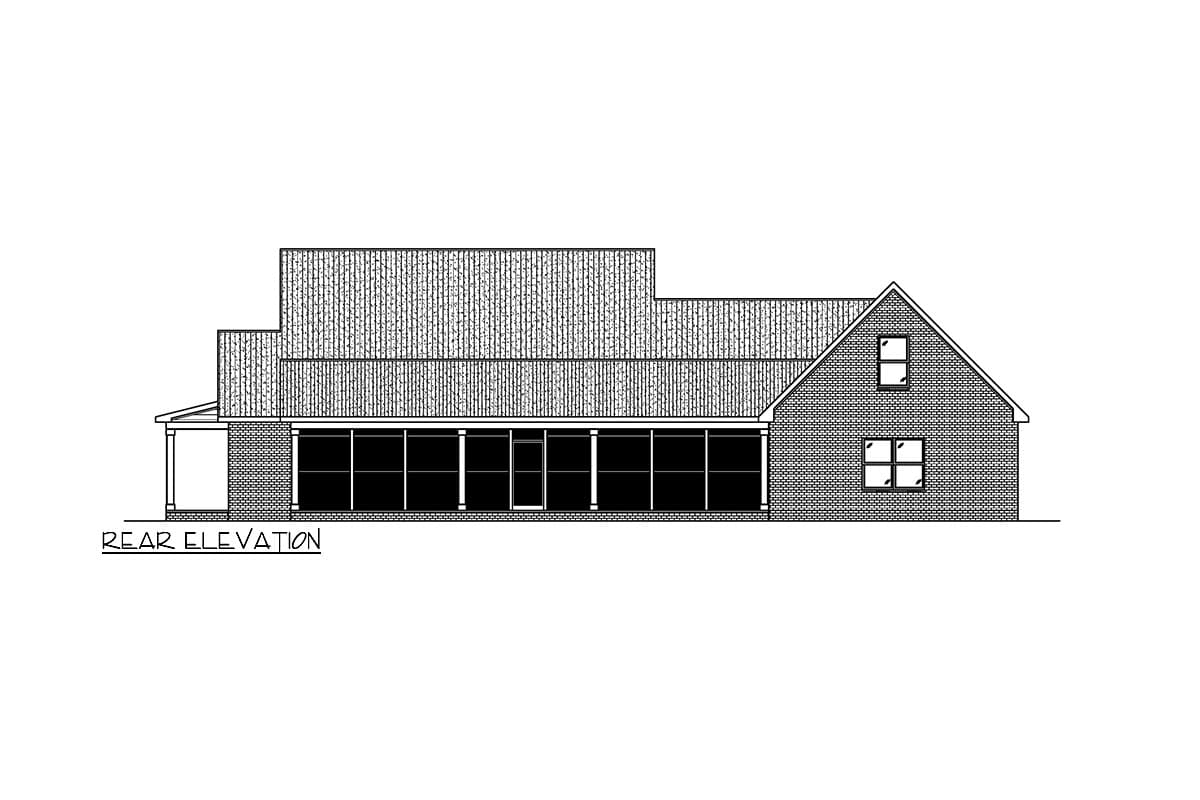 Rear elevation drawing of a house plan with a pitched gable roof, brick facade, and a long sunroom with multiple windows.