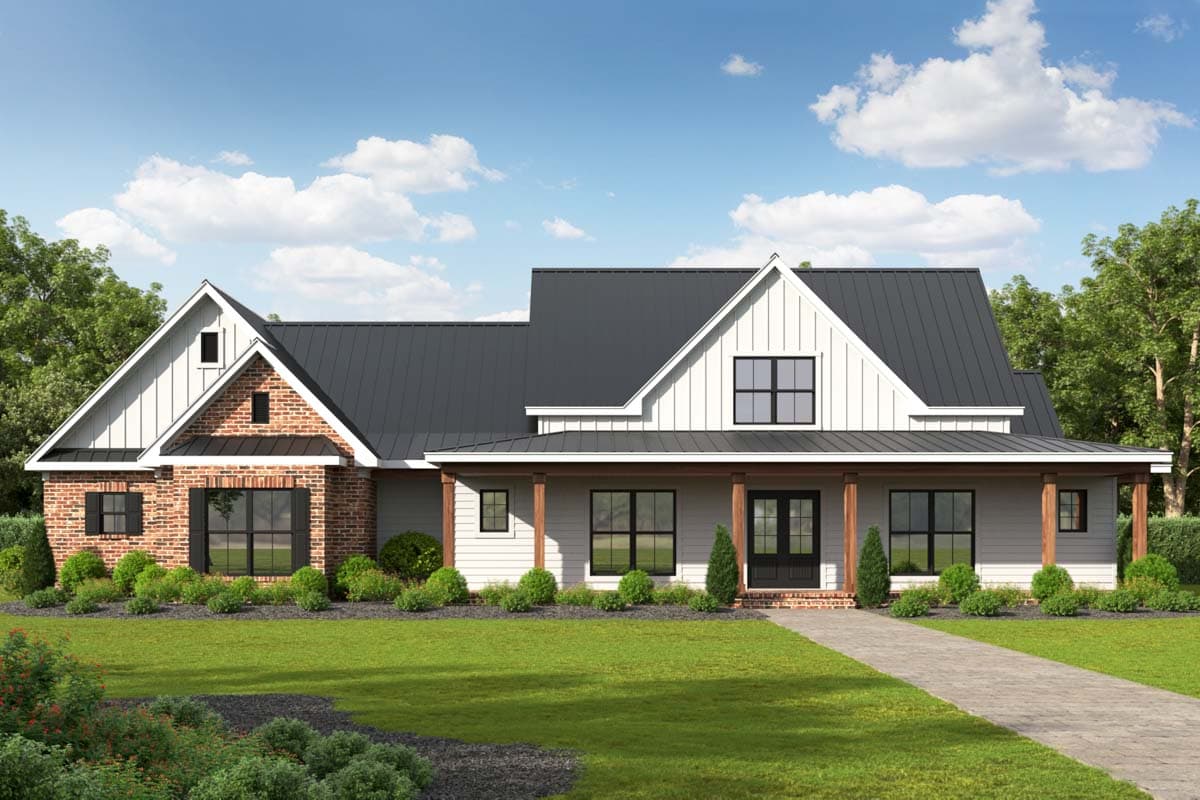 House plan exterior. Modern Farmhouse style with brick and board-and-batten siding. Features include a front porch, gables, and a dark metal roof.