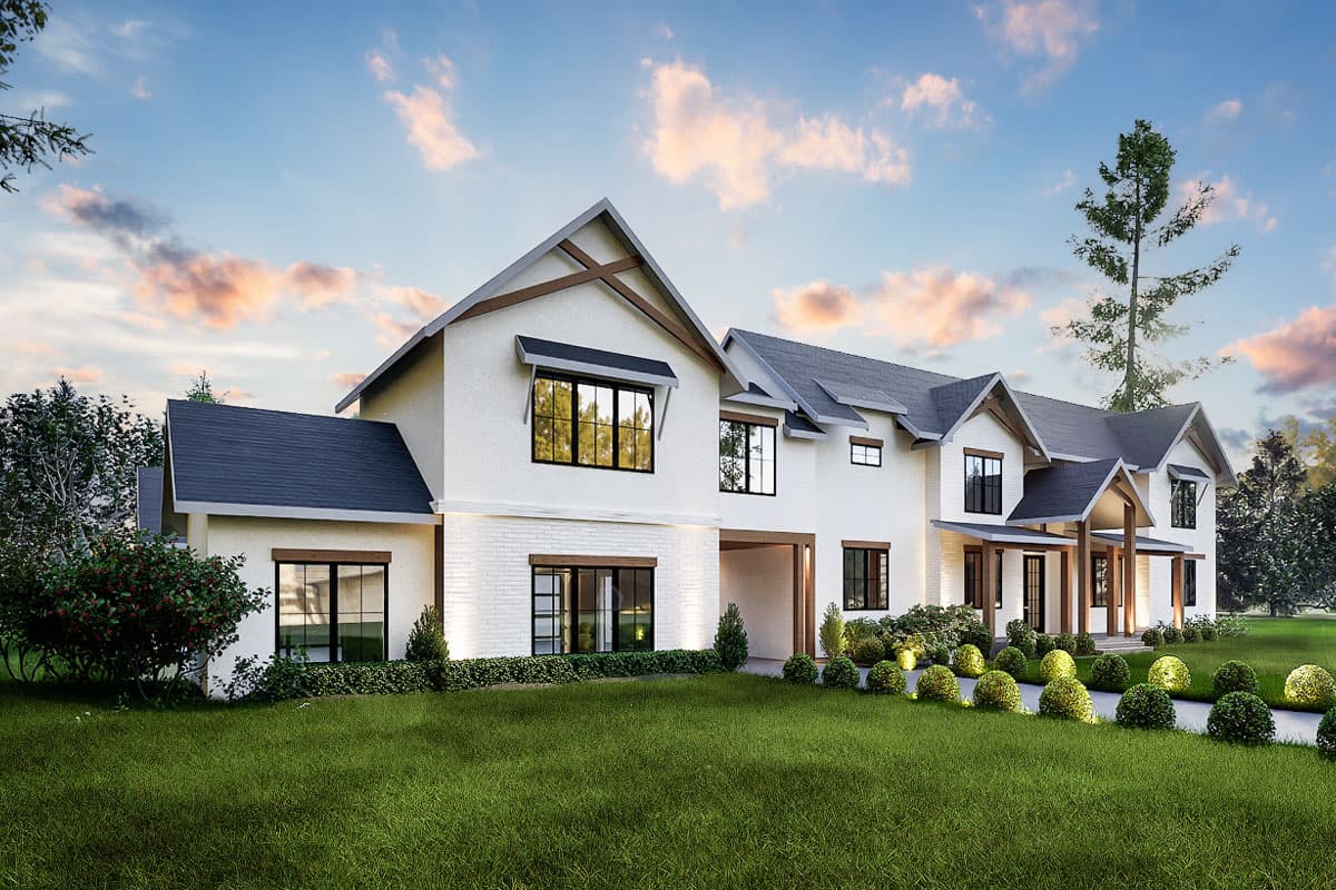 House plan exterior: Two-story modern home with gables, multiple dormers, covered entry porch supported by posts, and dark-pitched roof.