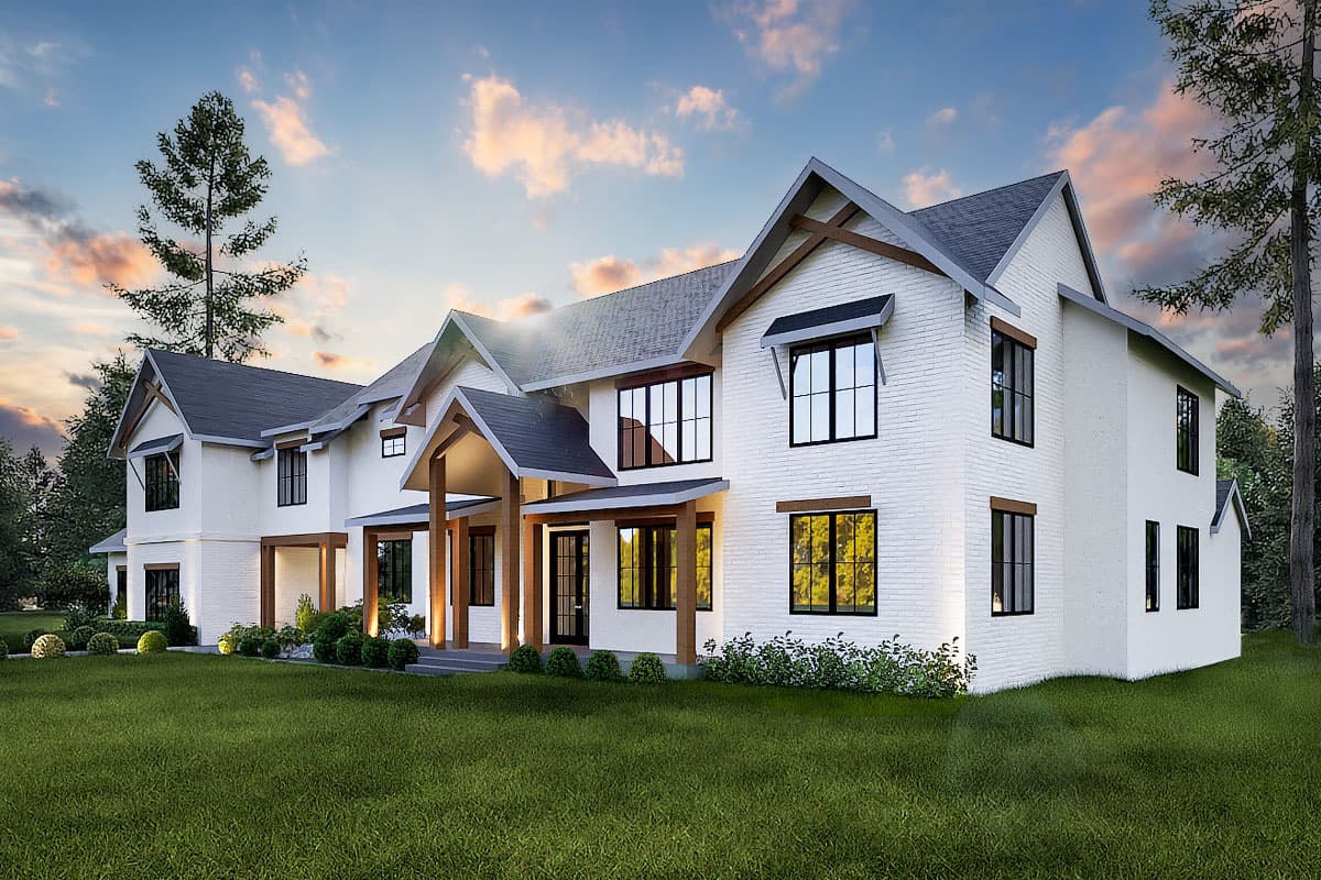 House plan exterior of a two-story Modern Farmhouse with white brick, gabled roofs, exposed wood beams, and a covered entry.