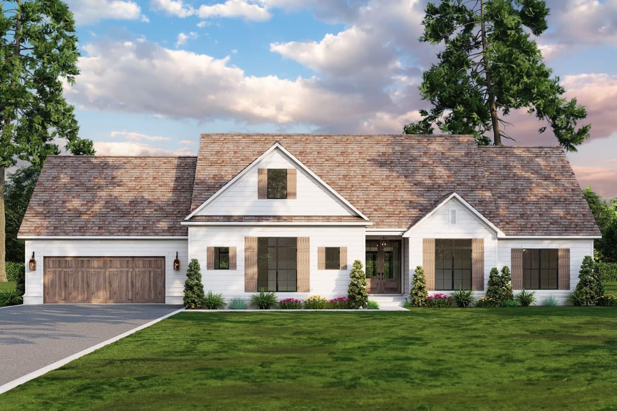 House plan exterior. Ranch-style home with a single story, gabled roof, and attached garage. Includes decorative shutters and dormers.