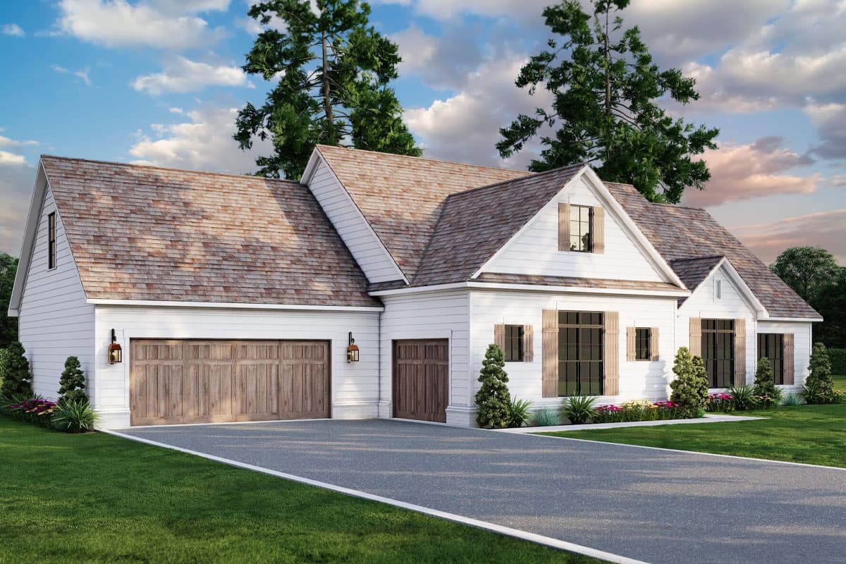 House plan exterior: Modern Farmhouse style, one story, with a triple garage, prominent gable, and wooden garage doors.